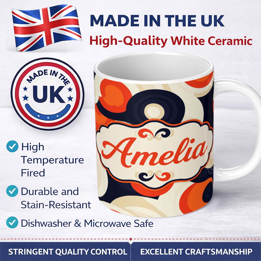 Personalized Custom Name Abstract Swirl Shapes Bold Contrast Seamless Pattern Name Cute 11oz Ceramic Coffee Tea Mug White Large Handle