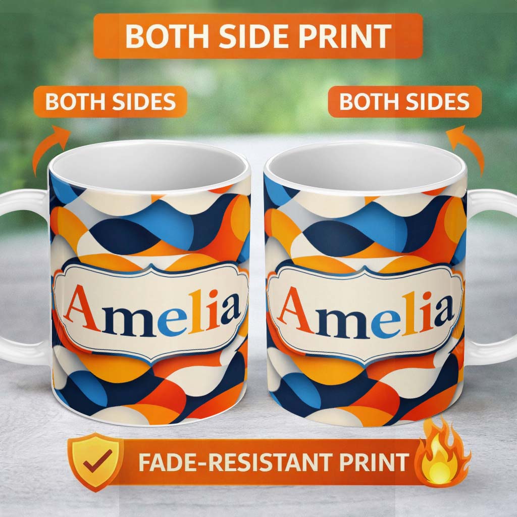 Personalized Custom Name Abstract Fluid Organic Shapes Modern Color Blend Seamless Pattern 11oz Ceramic Coffee Tea Mug White Large Handle