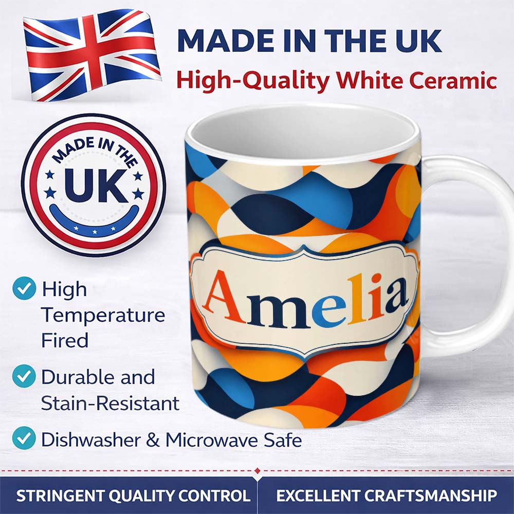 Personalized Custom Name Abstract Fluid Organic Shapes Modern Color Blend Seamless Pattern 11oz Ceramic Coffee Tea Mug White Large Handle
