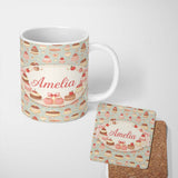 Personalized Custom Name Pastel Cake Slice Seamless Pattern Cute Dessert Sweet Food Design 11oz Ceramic Coffee Tea Mug White Large Handle
