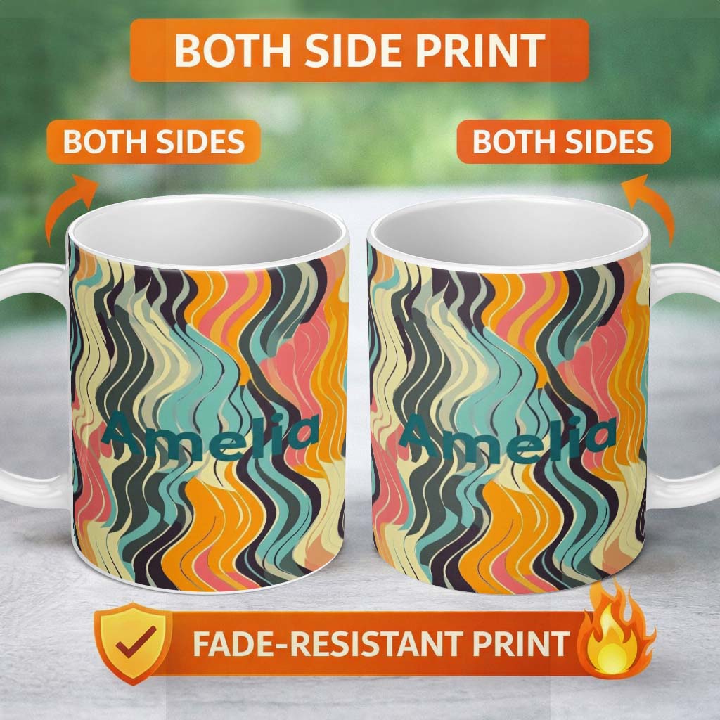 Personalized Custom Name Abstract Wavy Lines Soft Pastel Flow Seamless Pattern Name Cute 11oz Ceramic Coffee Tea Mug White Large Handle