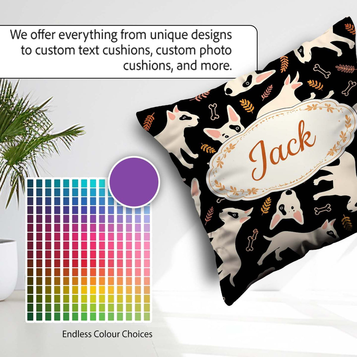 Custom Name Bull Terrier Dogs Background Leaves Seamless Pattern Square Filled Cushion Throw Pillow Sofa Bed Home Decor Zip Washable UK Made