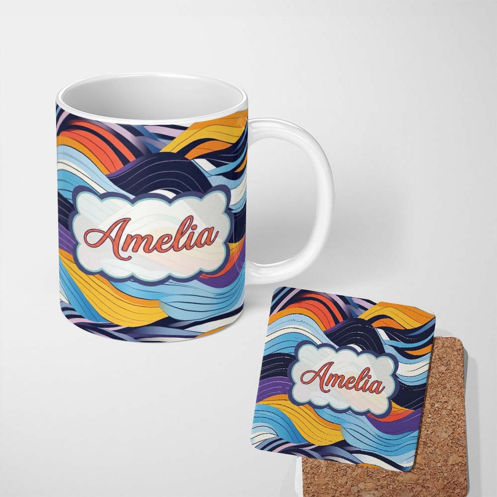 Personalized Custom Name Abstract Layered Wave Lines Dynamic Motion Seamless Pattern Name 11oz Ceramic Coffee Tea Mug White Large Handle