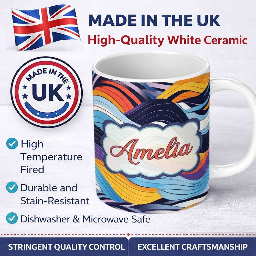 Personalized Custom Name Abstract Layered Wave Lines Dynamic Motion Seamless Pattern Name 11oz Ceramic Coffee Tea Mug White Large Handle