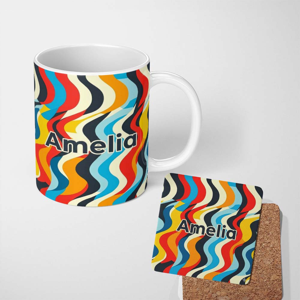 Personalized Custom Name Abstract Curved Ribbon Stripes Bold Seamless Pattern Name Cute 11oz Ceramic Coffee Tea Mug White Large Handle