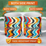 Personalized Custom Name Abstract Curved Ribbon Stripes Bold Seamless Pattern Name Cute 11oz Ceramic Coffee Tea Mug White Large Handle