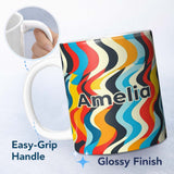 Personalized Custom Name Abstract Curved Ribbon Stripes Bold Seamless Pattern Name Cute 11oz Ceramic Coffee Tea Mug White Large Handle