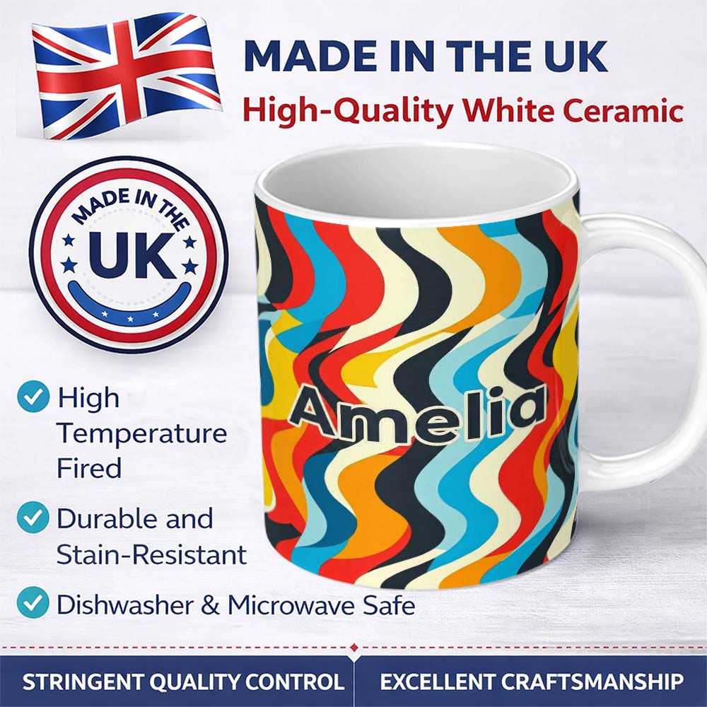 Personalized Custom Name Abstract Curved Ribbon Stripes Bold Seamless Pattern Name Cute 11oz Ceramic Coffee Tea Mug White Large Handle