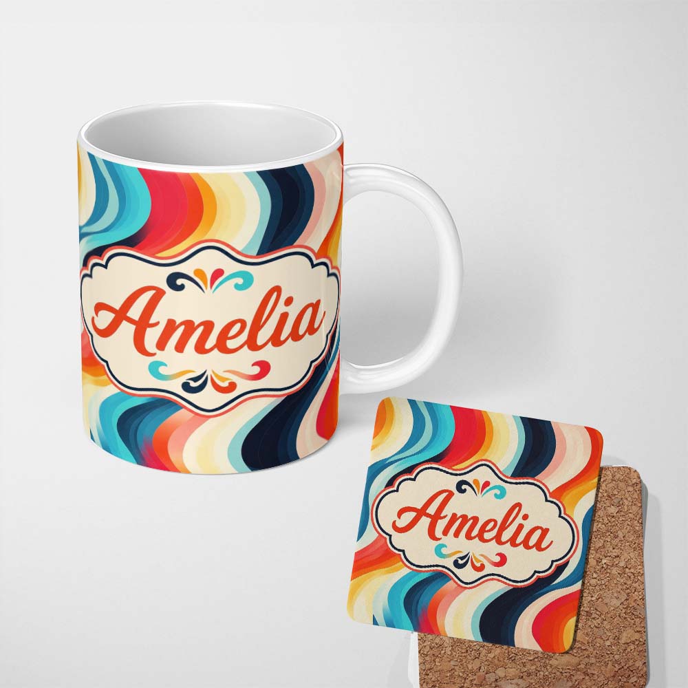 Personalized Custom Name Abstract Flowing Gradient Waves Modern Style Seamless Pattern Name 11oz Ceramic Coffee Tea Mug White Large Handle