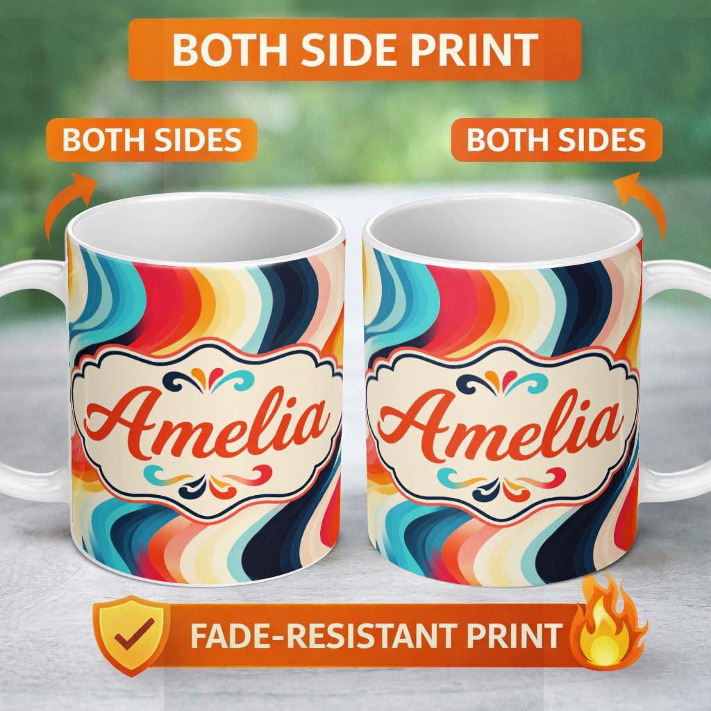 Personalized Custom Name Abstract Flowing Gradient Waves Modern Style Seamless Pattern Name 11oz Ceramic Coffee Tea Mug White Large Handle