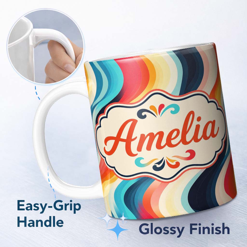 Personalized Custom Name Abstract Flowing Gradient Waves Modern Style Seamless Pattern Name 11oz Ceramic Coffee Tea Mug White Large Handle