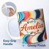 Personalized Custom Name Abstract Flowing Gradient Waves Modern Style Seamless Pattern Name 11oz Ceramic Coffee Tea Mug White Large Handle