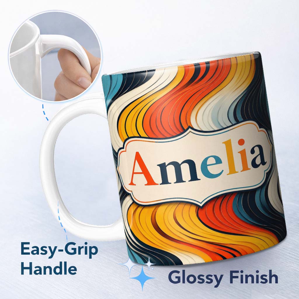 Personalized Custom Name Abstract Layered Wavy Lines Vibrant Seamless Pattern Name Cute 11oz Ceramic Coffee Tea Mug White Large Handle