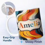 Personalized Custom Name Abstract Layered Wavy Lines Vibrant Seamless Pattern Name Cute 11oz Ceramic Coffee Tea Mug White Large Handle