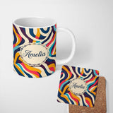 Personalized Custom Name Abstract Flowing Ribbon Waves Bold Colors Seamless Pattern Name Cute 11oz Ceramic Coffee Tea Mug White Large Handle