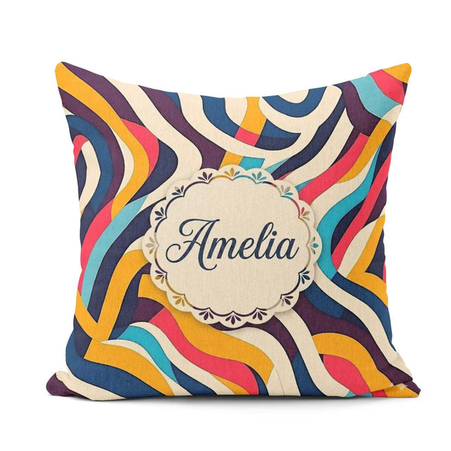 Custom Name Abstract Ribbon Waves Bold Colors Seamless Name Cute Square Filled Cushion Throw Pillow Sofa Bed Home Decor Zip Washable UK Made