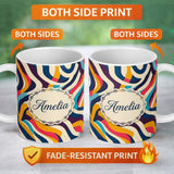 Personalized Custom Name Abstract Flowing Ribbon Waves Bold Colors Seamless Pattern Name Cute 11oz Ceramic Coffee Tea Mug White Large Handle
