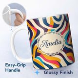 Personalized Custom Name Abstract Flowing Ribbon Waves Bold Colors Seamless Pattern Name Cute 11oz Ceramic Coffee Tea Mug White Large Handle