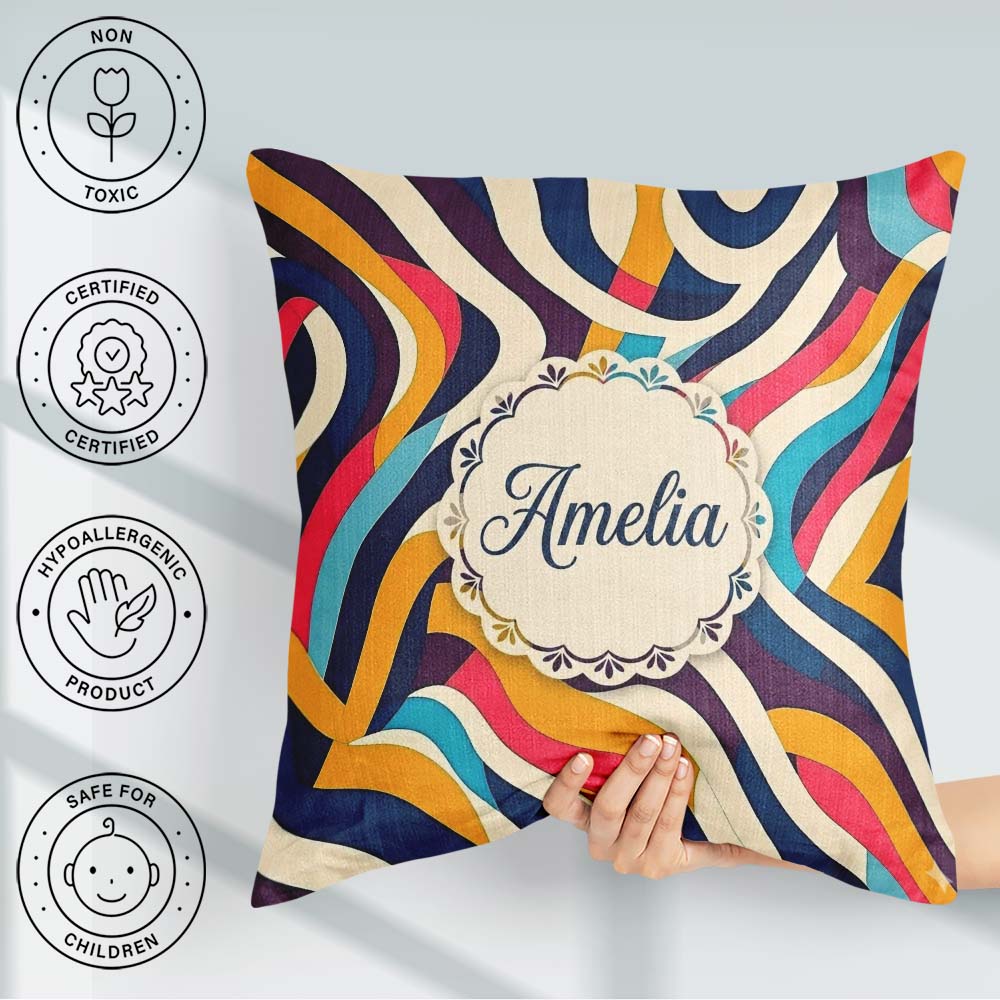 Custom Name Abstract Ribbon Waves Bold Colors Seamless Name Cute Square Filled Cushion Throw Pillow Sofa Bed Home Decor Zip Washable UK Made