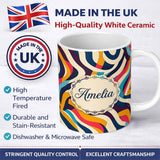 Personalized Custom Name Abstract Flowing Ribbon Waves Bold Colors Seamless Pattern Name Cute 11oz Ceramic Coffee Tea Mug White Large Handle