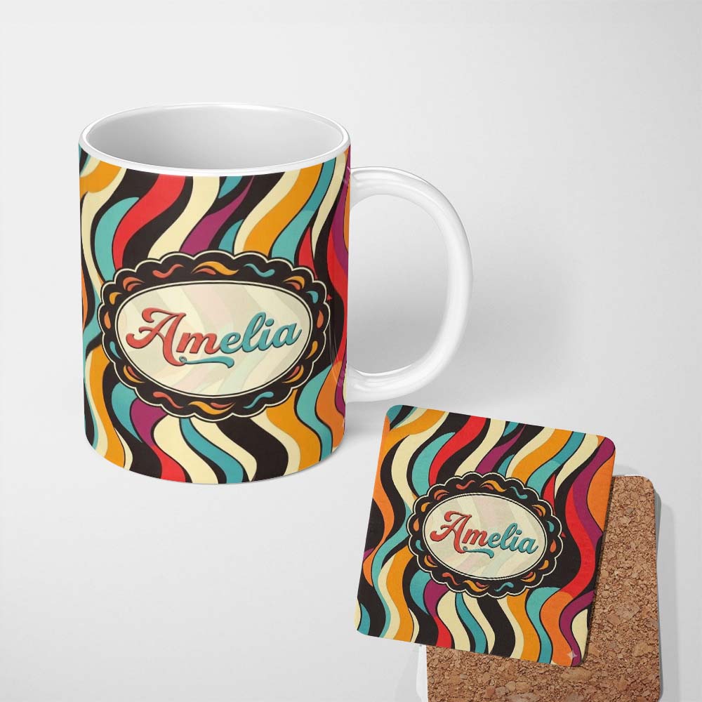 Personalized Custom Name Abstract Wavy Stripe Pattern Vibrant Color Flow Seamless Name Cute 11oz Ceramic Coffee Tea Mug White Large Handle