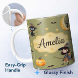 Personalized Custom Name Halloween Witch Girl Flying with Cat, Bats, Stars Olive Green Lovely 11oz Ceramic Coffee Tea Mug White Large Handle