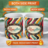 Personalized Custom Name Abstract Wavy Stripe Pattern Vibrant Color Flow Seamless Name Cute 11oz Ceramic Coffee Tea Mug White Large Handle