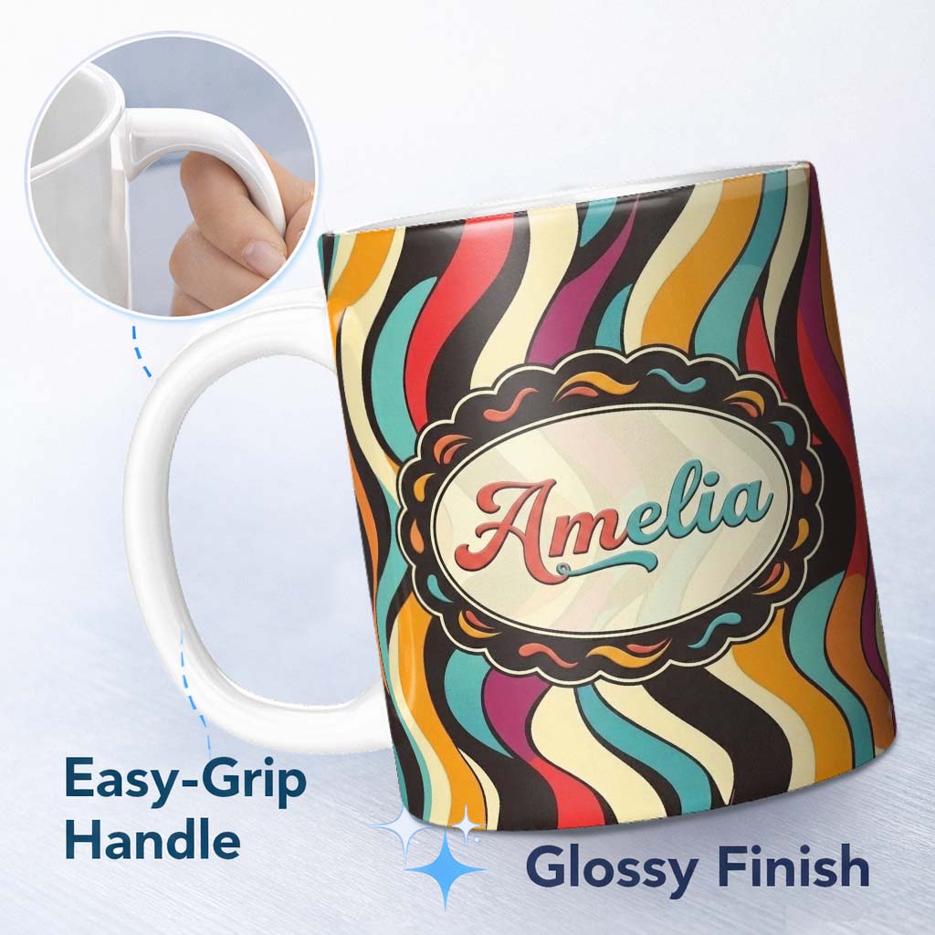 Personalized Custom Name Abstract Wavy Stripe Pattern Vibrant Color Flow Seamless Name Cute 11oz Ceramic Coffee Tea Mug White Large Handle