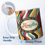 Personalized Custom Name Abstract Wavy Stripe Pattern Vibrant Color Flow Seamless Name Cute 11oz Ceramic Coffee Tea Mug White Large Handle