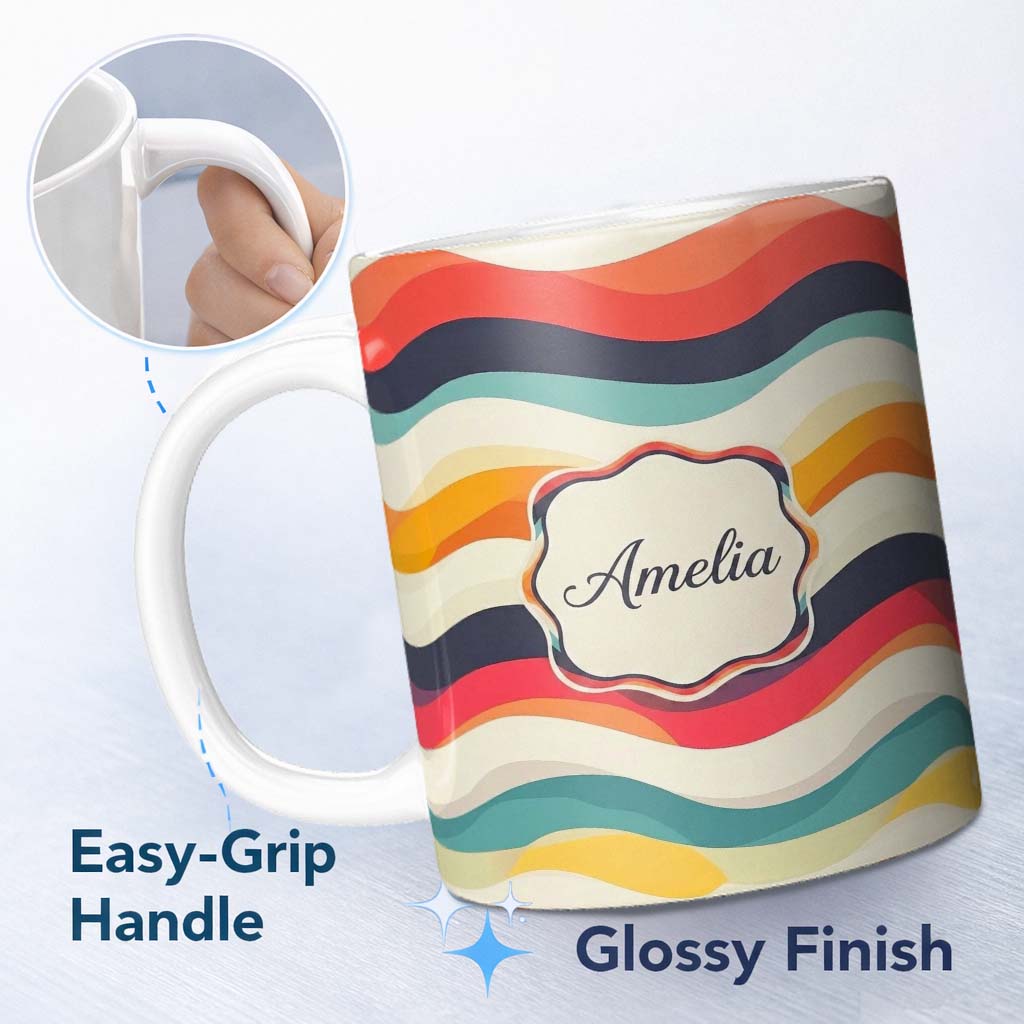 Personalized Custom Name Abstract Soft Gradient Wave Layers Calm Modern Style Seamless 11oz Ceramic Coffee Tea Mug White Large Handle