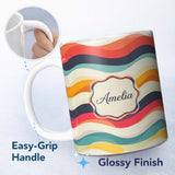 Personalized Custom Name Abstract Soft Gradient Wave Layers Calm Modern Style Seamless 11oz Ceramic Coffee Tea Mug White Large Handle
