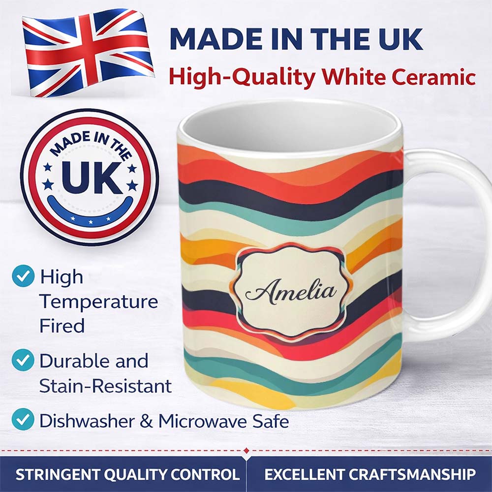 Personalized Custom Name Abstract Soft Gradient Wave Layers Calm Modern Style Seamless 11oz Ceramic Coffee Tea Mug White Large Handle