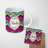 Personalized Custom Name Abstract Curved Ribbon Layers Bright Color Motion Seamless Pattern 11oz Ceramic Coffee Tea Mug White Large Handle