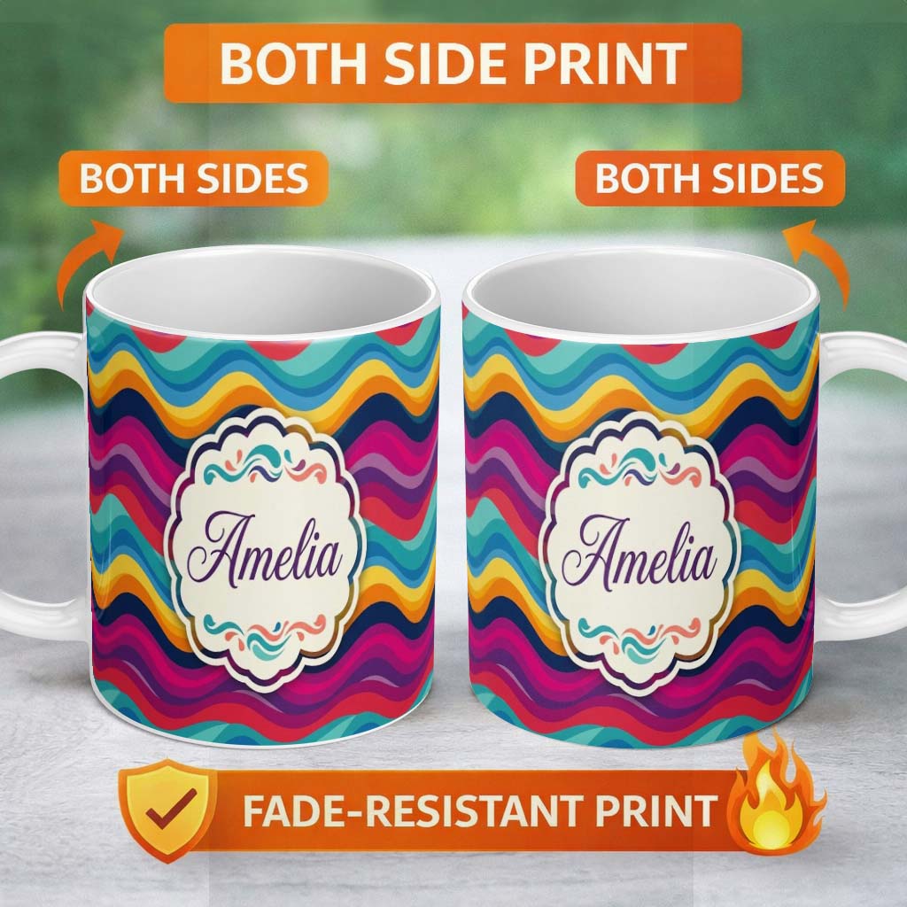 Personalized Custom Name Abstract Curved Ribbon Layers Bright Color Motion Seamless Pattern 11oz Ceramic Coffee Tea Mug White Large Handle