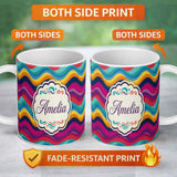 Personalized Custom Name Abstract Curved Ribbon Layers Bright Color Motion Seamless Pattern 11oz Ceramic Coffee Tea Mug White Large Handle