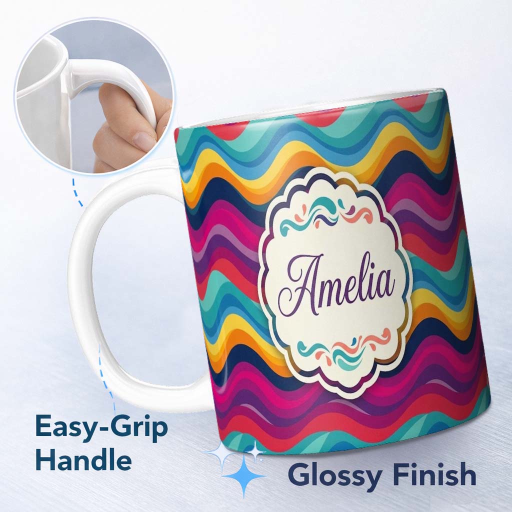 Personalized Custom Name Abstract Curved Ribbon Layers Bright Color Motion Seamless Pattern 11oz Ceramic Coffee Tea Mug White Large Handle