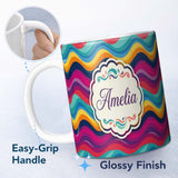 Personalized Custom Name Abstract Curved Ribbon Layers Bright Color Motion Seamless Pattern 11oz Ceramic Coffee Tea Mug White Large Handle