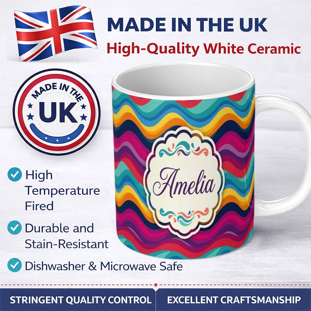 Personalized Custom Name Abstract Curved Ribbon Layers Bright Color Motion Seamless Pattern 11oz Ceramic Coffee Tea Mug White Large Handle