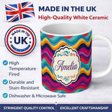Personalized Custom Name Abstract Curved Ribbon Layers Bright Color Motion Seamless Pattern 11oz Ceramic Coffee Tea Mug White Large Handle