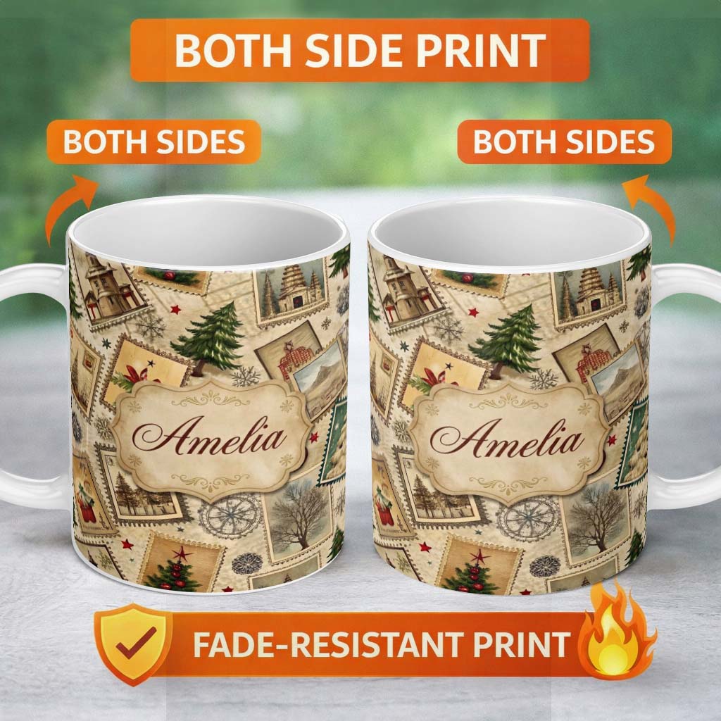 Personalized Custom Name Vintage Christmas Village Tree Stamp Collage Rustic Festive Seamless 11oz Ceramic Coffee Tea Mug White Large Handle