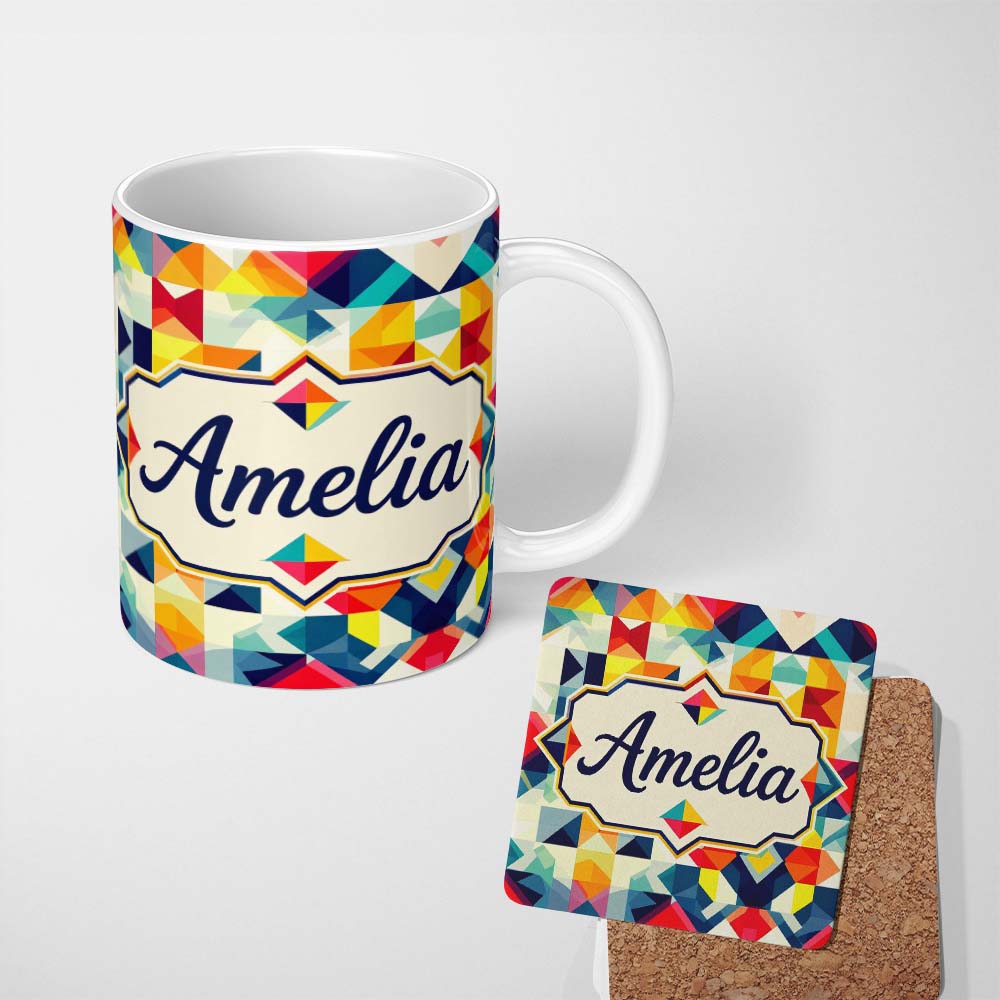 Personalized Custom Name Abstract Geometric Patchwork Color Blocks Modern Art Seamless 11oz Ceramic Coffee Tea Mug White Large Handle