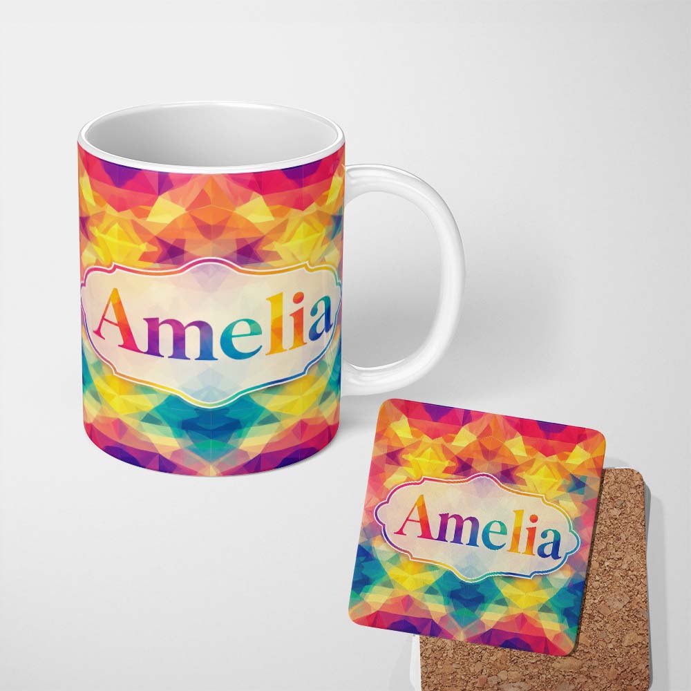 Personalized Custom Name Abstract Kaleidoscope Prism Shapes Vibrant Symmetry Seamless 11oz Ceramic Coffee Tea Mug White Large Handle