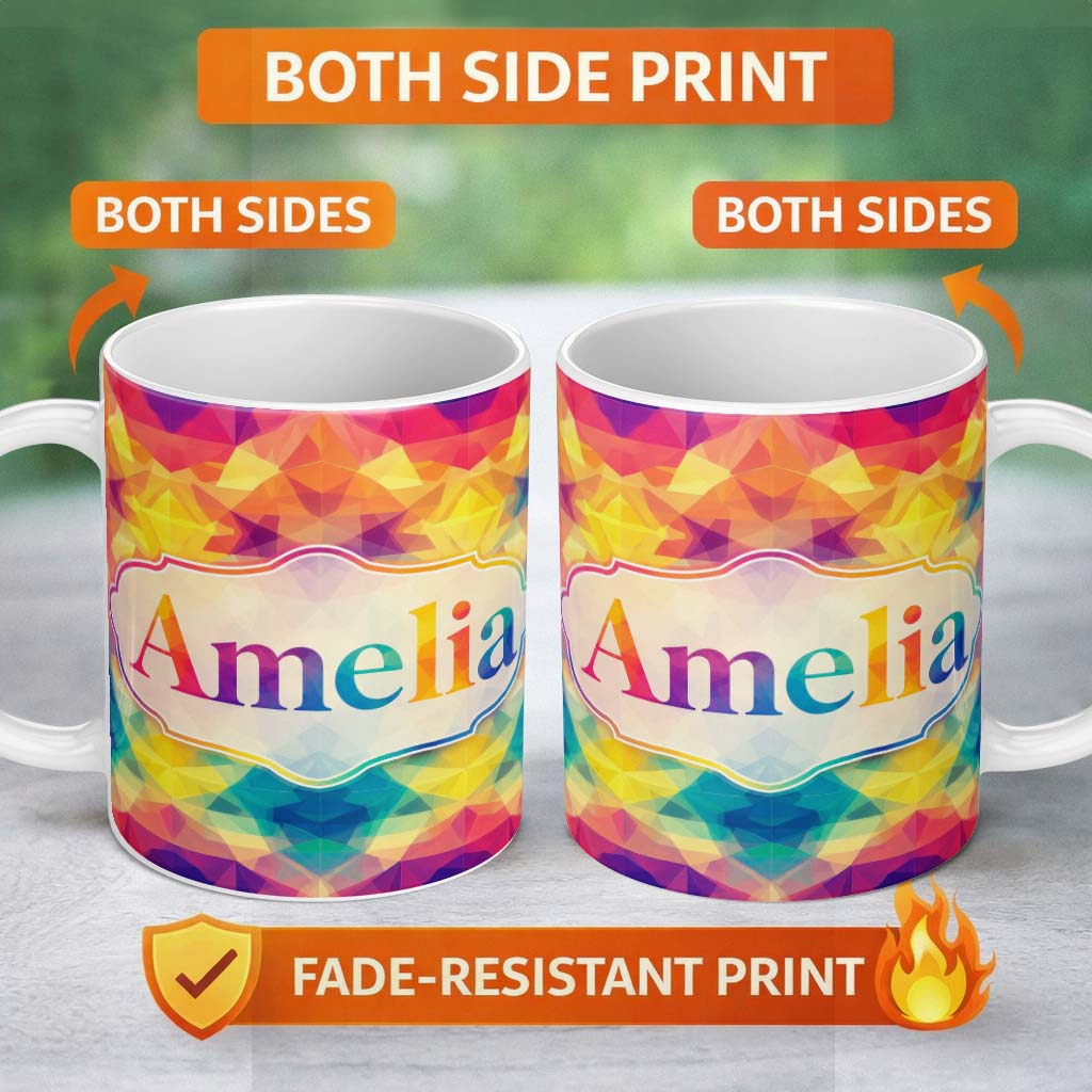 Personalized Custom Name Abstract Kaleidoscope Prism Shapes Vibrant Symmetry Seamless 11oz Ceramic Coffee Tea Mug White Large Handle