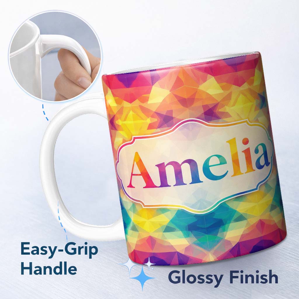 Personalized Custom Name Abstract Kaleidoscope Prism Shapes Vibrant Symmetry Seamless 11oz Ceramic Coffee Tea Mug White Large Handle