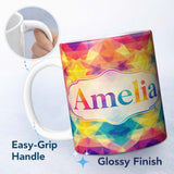 Personalized Custom Name Abstract Kaleidoscope Prism Shapes Vibrant Symmetry Seamless 11oz Ceramic Coffee Tea Mug White Large Handle