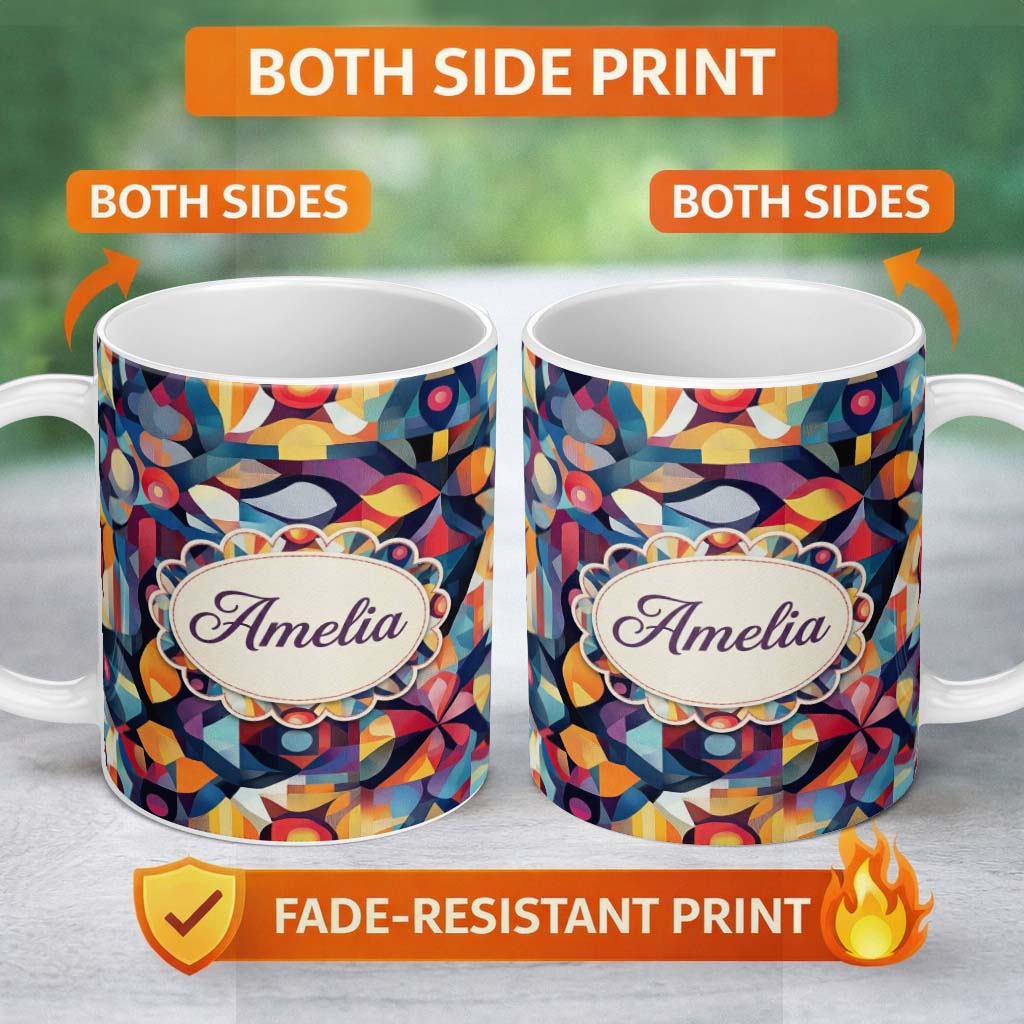 Personalized Custom Name Abstract Cubist Mosaic Shapes Artistic Color Fusion Seamless 11oz Ceramic Coffee Tea Mug White Large Handle