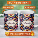 Personalized Custom Name Abstract Cubist Mosaic Shapes Artistic Color Fusion Seamless 11oz Ceramic Coffee Tea Mug White Large Handle