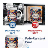 Personalized Custom Name Abstract Cubist Mosaic Shapes Artistic Color Fusion Seamless 11oz Ceramic Coffee Tea Mug White Large Handle