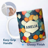 Personalized Custom Name Abstract Hexagon Geometric Tiles Modern Color Grid Seamless Pattern 11oz Ceramic Coffee Tea Mug White Large Handle