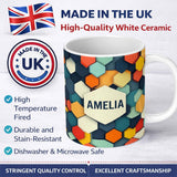 Personalized Custom Name Abstract Hexagon Geometric Tiles Modern Color Grid Seamless Pattern 11oz Ceramic Coffee Tea Mug White Large Handle